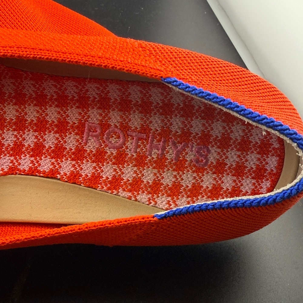 Rothy's Designer Almond Poppy Bright Red Loafers Blue Trim Flats 8 - Picture 3 of 7